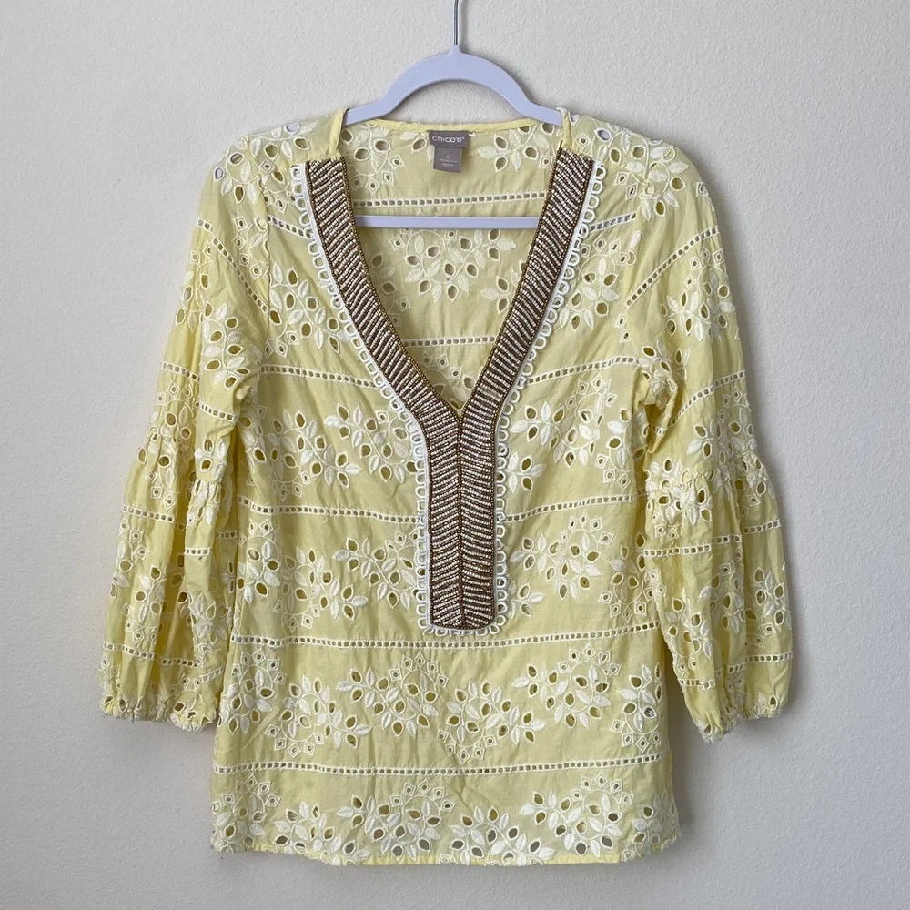 Chico's Yellow Eyelet Blouse with Brown Beaded Trim - Picture 1 of 9